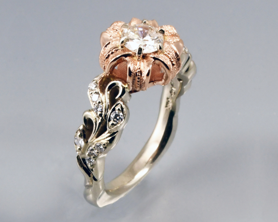 Diamond set in rose gold, style of “Michigan Lily” delicate hand engraved organic motifs 14k two-tone gold engagement ring